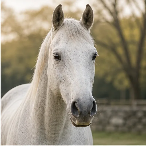 A gray horse standing comfortably in the pasture of her adoptive home