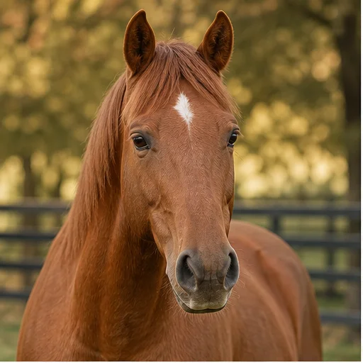 Danbi, a bay mare, looking toward the camera in warm sunlight