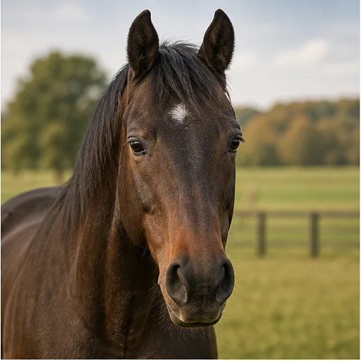 Byeol, a dark bay gelding, calmly looking at the camera in a pasture